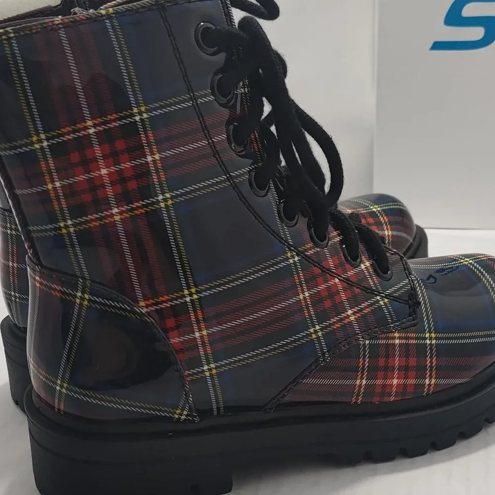 FIRM Lace Up Ankle Boots Black Patent Plaid - Picture 3 of 3